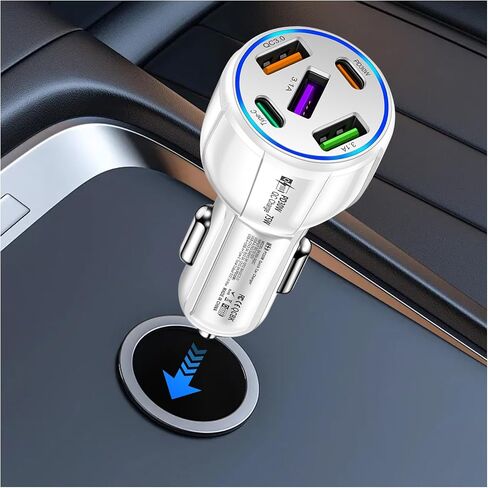 5 Port Fast Car Charger Adapter ، 12-24V Car Charger USB C & 30W QC3.0/3.1A منفذ مع جهات اتصال معززة وإضاءة ، 75 واوات من شواحن سجائر USB ولاعة السجائر (أسود) in Kuwait