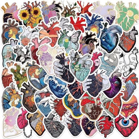 Anatomical Heart Artistic Stickers |50Pcs Human Body Cardiac Organ Decals for Water Bottles Bicycle Laptop Refrigerator Luggage Computer Mobile Phone Skateboard Bike Decor (Heart) in Saudi Arabia