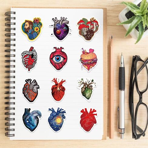 Anatomical Heart Artistic Stickers |50Pcs Human Body Cardiac Organ Decals for Water Bottles Bicycle Laptop Refrigerator Luggage Computer Mobile Phone Skateboard Bike Decor (Heart) in Saudi Arabia