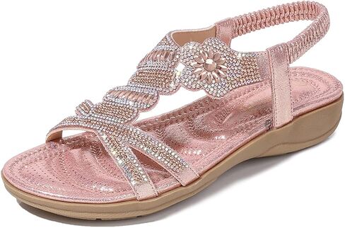 HNGHOU Women's Summer Sandals Casual Comfortable Beach Bohemian Flat Sandal Shoes (Silver, US 8) in Saudi Arabia