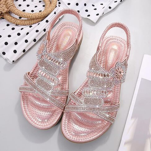 HNGHOU Women's Summer Sandals Casual Comfortable Beach Bohemian Flat Sandal Shoes (Silver, US 8) in Saudi Arabia