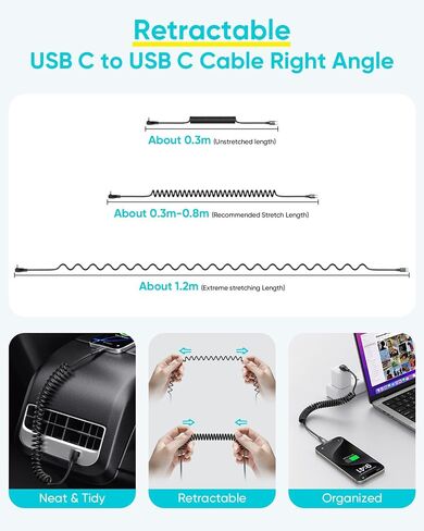 SUNGUY Right Angle Coiled USB C Cable [1FT-2.6FT], 60W USB C to USB C Cable for Android Auto, Carplay, iPhone16/15 Pro Max Plus, Tesla Model Y, Galaxy S25 S24 S23, Google Pixel in Saudi Arabia