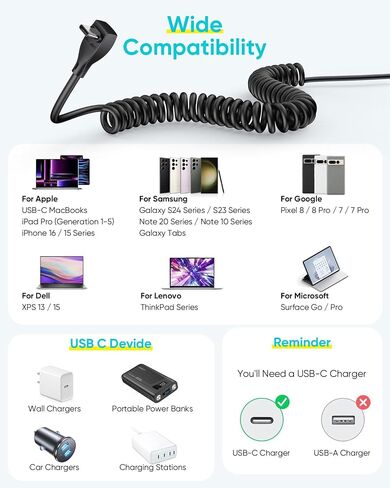 SUNGUY Right Angle Coiled USB C Cable [1FT-2.6FT], 60W USB C to USB C Cable for Android Auto, Carplay, iPhone16/15 Pro Max Plus, Tesla Model Y, Galaxy S25 S24 S23, Google Pixel in Saudi Arabia