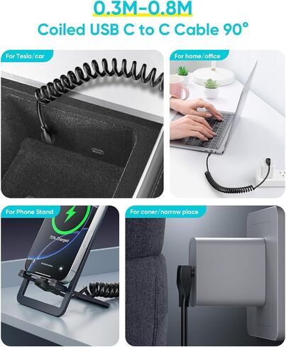 SUNGUY Right Angle Coiled USB C Cable [1FT-2.6FT], 60W USB C to USB C Cable for Android Auto, Carplay, iPhone16/15 Pro Max Plus, Tesla Model Y, Galaxy S25 S24 S23, Google Pixel in Saudi Arabia