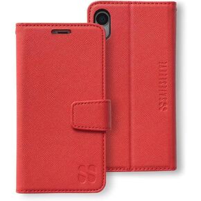 SafeSleeve EMF Protection Anti Radiation iPhone Case: iPhone XR RFID Card Holder Blocking Wallet, Adjustable Stand Cell Phone Case, Vegan Leather for Women & Men (Red)