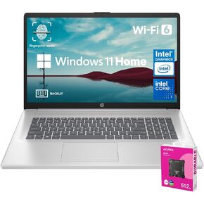 HP Essential 2025 Laptop, 17.3" FHD, CORE 7 (Beats i7 1355), 64GB RAM, 2TB SSD, FP Reader, Backlit KB, Webcam, Wi-Fi 6, Windows 11 Home, Silver, Bundle with ADATA 512GB External SSD