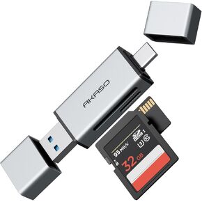 AKASO 3 in 1 SD Card Reader, High-Speed USB C to Micro SD Card Adapter, Memory Card Reader for SD/Micro SD/SDHC/SDXC, Compatible with Smartphones, Laptops, Tablets, Personal Computer and Cameras