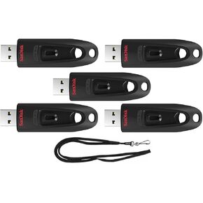 SanDisk 256GB Ultra 130MB/s USB 3.0 Flash Drive SDCZ48-256G Bundle with (1) GoRAM Black Lanyard (256GB, 5 Pack)