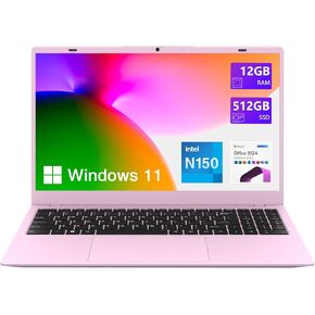 Pink Laptop,15.6 Inch Laptop Computer,12GB RAM 512GB SSD,4-Cores N150 Processor(Beat to N95,N5095),Up to 3.6 GHz,MS Office 2024,Win11 Pro, WiFi 6, BT 5.2, Webcam, USB-C