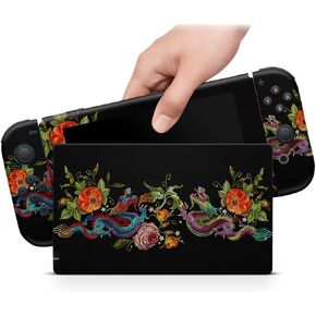 ZOOMHITSKINS OLED Switch Skin, Compatible with Switch OLED Skin Wrap, Embroidery Dragon Lung Oriental Art Chinese Black Gold Asia Phoenix King, 3M Vinyl for Durable & Fit, Made in The USA