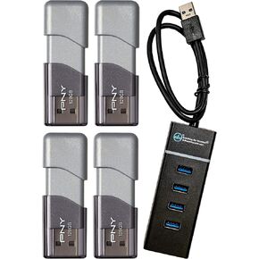PNY 128GB USB 3.0 Flash Drive Elite Turbo Attache 3 (Four Pack Bundle) Model P-FD128TBOP-GE Bundle with (1) Everything But Stromboli 4 Port USB 3.0 Hub