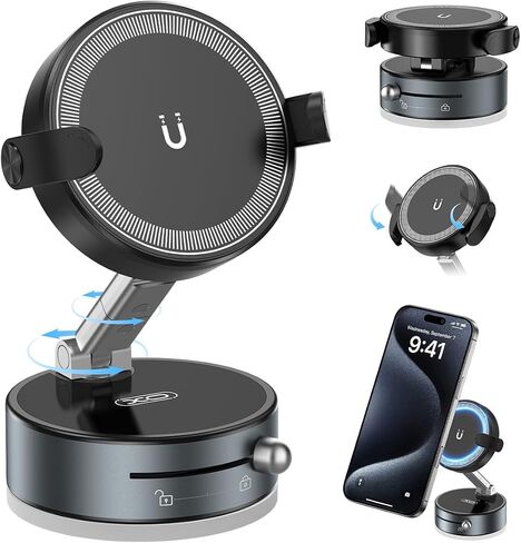 2-in-1 Clip & Vacuum Magnetic Suction Phone Holder,Upgraded 360° Adjustable Suction Cup Car Phone Mount,Hands-Free Cell Phone Holder for Car/Gym/Smooth Surface,Compatible with iPhone & Android Phones in Kuwait