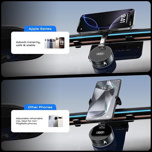 2-in-1 Clip & Vacuum Magnetic Suction Phone Holder,Upgraded 360° Adjustable Suction Cup Car Phone Mount,Hands-Free Cell Phone Holder for Car/Gym/Smooth Surface,Compatible with iPhone & Android Phones in Kuwait