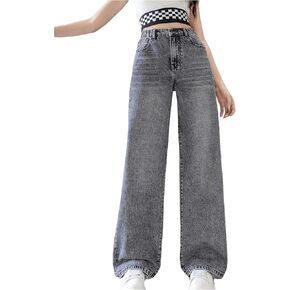 OYOANGLE Girl's Elastic Waist Wide Leg Jean Denim Pants Streetwear Long Pants with Pocket Light Blue Solid 10-11Y in Saudi Arabia