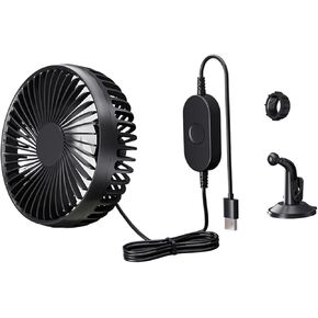 Qianly USB Car Cooling Fan 12V 24V Universal Suction Cup Mount 3 Speed Adjustable Air Circulation Fan for Van SUV Sedan Vehicle, Black