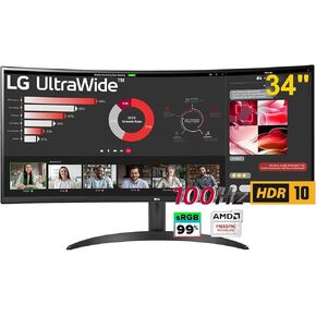 LG 34 Curved Gaming Monitor - 34" UltraWide WQHD (3440 x 1440) - 100Hz Refresh Rate - 5ms GTG - sRGB 99% - 3000: 1-21: 9 - AMD FreeSync - Flicker Safe - Black