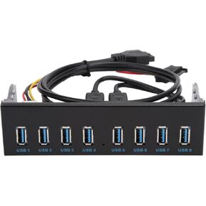 USB3.0 8-Port Hub Optical Drive Extension Panel, Just Plug, with Power for PC Computer, 5.25 inch Case and 19PIN Interface,Black