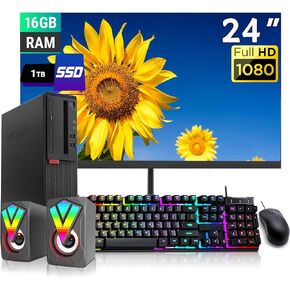 Lenovo ThinkCentre M710S SFF Desktop Computer PC with 24" FHD Monitor, RGB Speakers, Core i3-6100 3.7GHz, 16GB RAM, 1TB SSD, Keyboard&Mouse, Win10 Pro (Renewed)