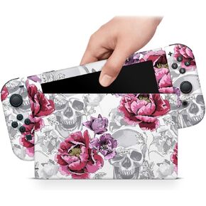 ZOOMHITSKINS Compatible with Switch Skin Cover Occult Roses Pink White Heavy Metal Vinyl Decal Sticker Wrap, Made in The USA