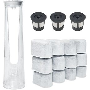 Water Filter Holder and 12 Water Filters for Keurig K-Express, K350 to K575, K-Supreme, K-Slim, K-Classic, K-Elite, K-Cafe, K-Duo PLUS，3 Reusable K Cups