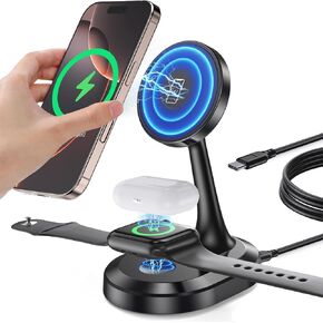3 in 1 Magnetic Wireless Charging Station Apple Devices 15W Fast Mag-Safe Charger Stand Wireless Charger Station for iPhone16 15 14 13 12 Pro/Pro Max/Plus/Mini AirPods 2/3/Pro iWatch Series