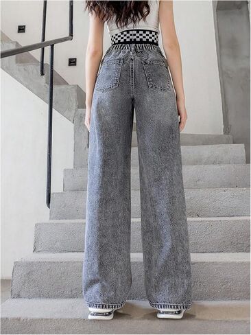 OYOANGLE Girl's Elastic Waist Wide Leg Jean Denim Pants Streetwear Long Pants with Pocket Light Blue Solid 10-11Y in Saudi Arabia