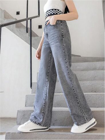OYOANGLE Girl's Elastic Waist Wide Leg Jean Denim Pants Streetwear Long Pants with Pocket Light Blue Solid 10-11Y in Saudi Arabia