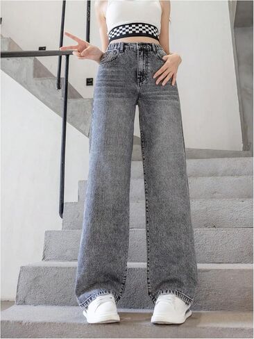 OYOANGLE Girl's Elastic Waist Wide Leg Jean Denim Pants Streetwear Long Pants with Pocket Light Blue Solid 10-11Y in Saudi Arabia