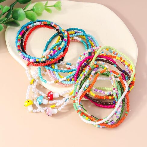 COLORFUL BLING 2-6Pcs Multilayer Cute Funny Mushroom Stretch Bracelet Sweet Pearl Beaded Fresh Foods Mushroom Wrap Bracelet for Women Girls Lovely Jewelry in Saudi Arabia