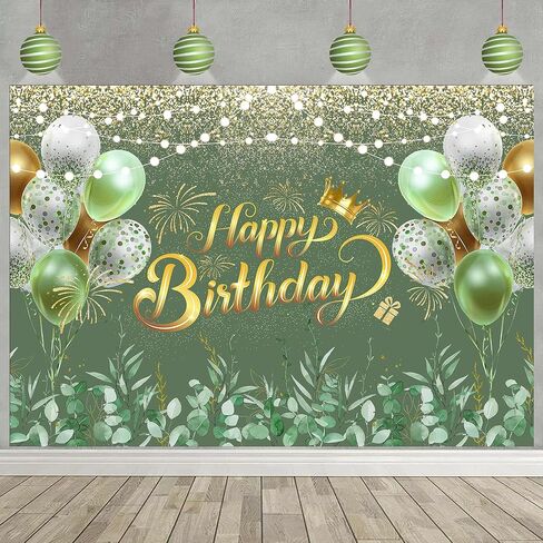Greenery Sage Green Happy Happy Banner Banner Decorations Eucalyptus يترك النساء لافتة عيد ميلاد خضراء Green Ballon Background Party Cake Cake Banner Supplies 72x44 Inch in Saudi Arabia