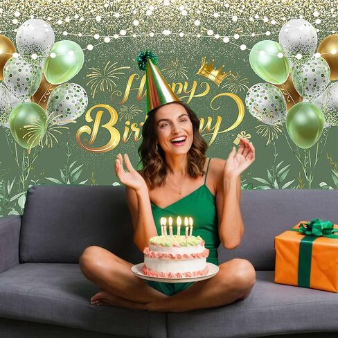 Greenery Sage Green Happy Happy Banner Banner Decorations Eucalyptus يترك النساء لافتة عيد ميلاد خضراء Green Ballon Background Party Cake Cake Banner Supplies 72x44 Inch in Saudi Arabia