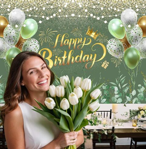 Greenery Sage Green Happy Happy Banner Banner Decorations Eucalyptus يترك النساء لافتة عيد ميلاد خضراء Green Ballon Background Party Cake Cake Banner Supplies 72x44 Inch in Saudi Arabia