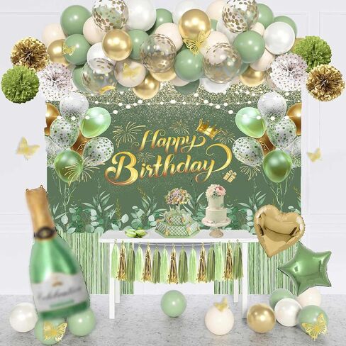 Greenery Sage Green Happy Happy Banner Banner Decorations Eucalyptus يترك النساء لافتة عيد ميلاد خضراء Green Ballon Background Party Cake Cake Banner Supplies 72x44 Inch in Saudi Arabia