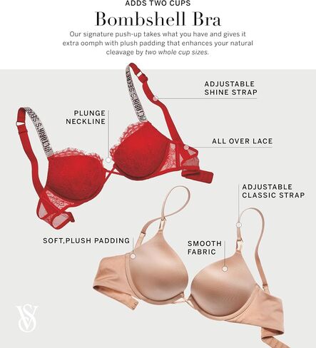 Victoria's Secret Bombshell Shine Strap Push Up Bra, Add 2 Cups, Plunge Neckline, Lace, Bras for Women, Very Sexy Collection, Red Monogram (32B) in Saudi Arabia