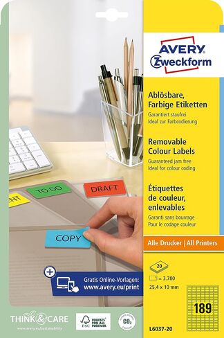 Avery Zweckform L6037-20 ملصقات صغيرة ملونة 25.4 × 10 مم لحزمة الترميز الملونة من 20 ورقة in Saudi Arabia