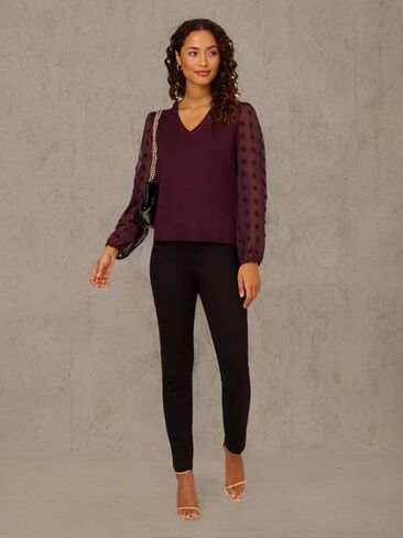 Adrianna Papell Women's V Neck 3/4 Woven Bubble Sleeve Sweater in Saudi Arabia