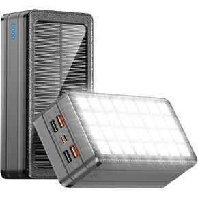 Solar Charger Power Bank 81000mAh Portable Charger USB-C in/Output PD 22.5W QC3.0 Fast Charging 5 Out Ports Battery Pack Built-in 32 Led Flashlights for iPhone Samsung Tablet Camping