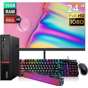 Lenovo ThinkCentre M715q Tiny PC Desktop Computer, with 24"(1920x1080) Monitor, RGB Speakers, AMD Ryzen 5 2400GE 3.2GHz, 16GB RAM, 512GB SSD, Keyboard&Mouse, Win10 Pro(Renewed)