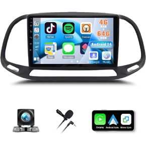 9 Inch Car Radio Stereo for Dodge RAM Pro Master City 2015 2016 2017 2018 2019 2020 2021 Android 14 Double Din Touchscreen Carplay Android Auto GPS Navi WiFi Bluetooth SWC Backup Camera, 4+64G