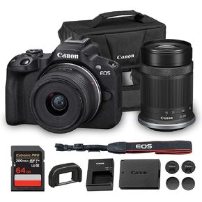 Canon EOS R50 Mirrorless Camera with 18-45mm & 55-210mm RF-S Lenses | 24.2MP APS-C Sensor, Dual Pixel CMOS AF, 4K Video | Compact Hybrid Camera Kit with Shoulder Bag and 64GB Card
