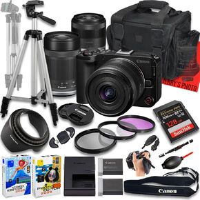 Canon EOS R50 V Mirrorless Camera with RF-S 14-30mm f/4-6.3 is STM PZ and 55-210mm f/5-7.1 is STM Lens + 128 GB Memory + Extra Battery + Camera Case + Tripod + More (22pc Bundle) (Renewed)