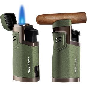 Torch Lighter Cigar Lighter Quadruple Flame Butane Refillable Lighter with Cigar Holder, Cigar Punch Built in, 2 Pack (Gas Not Included) (Deep Green)
