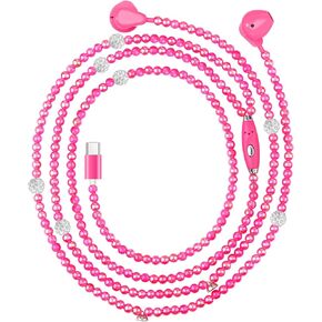 VOFUOE USB C Headphones for iPhone 16/15 Wired Earbuds with Microphone & Volume Control, Pearls Beads Bling Diamond Earphones for Women Girls, HiFi Stereo Type C Headset for Galaxy S25/S24-Hot Pink