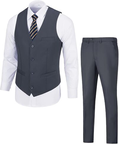Furuyal Men's 2-Piece Suit Waistcoat Prom Wedding Dress Suit for Groomsmen Vest Pant Set Navy-M in Kuwait
