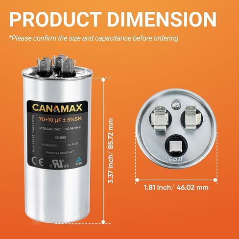 Canamax Premium 5uF mfd ±5% 370-440VAC مكثف تشغيل بيضاوي - مناسب تمامًا لتشغيل محرك التيار المتردد أو تشغيل المروحة ومكيف الهواء البارد أو المضخة الحرارية - يستبدل 97F5705 Z97F5705 97F95702 Z97F5702 in Kuwait