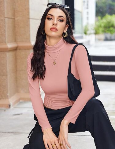 Ekouaer Womens Long Sleeve Turtleneck Shirts Stretch Fitted Top Trendy Thermal Underwear Tops Black/Navy Blue M in Saudi Arabia