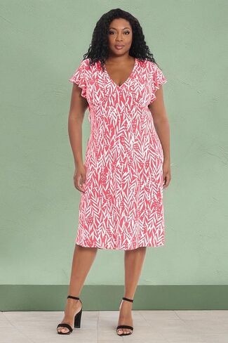 London Times Women's Leaf Print V-Neck Ruffle Sleeve Dress in Saudi Arabia
