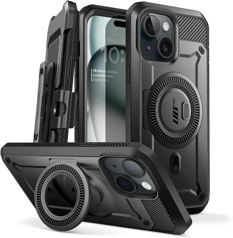 SUPCASE for iPhone 15 Case with Stand (Unicorn Beetle Pro Mag), [Built-in Screen Protector & Belt Clip] [Compatible with MagSafe] Military-Grade Magnetic Phone Case for iPhone 15/14/13, Black in Kuwait