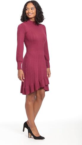 London Times Women's Mock Neck Cable Knit Flounce Hem Dress Office Workwear Desk to Dinner Guest of in Saudi Arabia