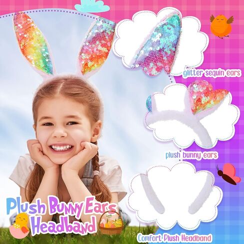 20 Pcs Easter Bunny Ears Plush and Sequin Bunny Ears Headband Colorful Bunny Headband Cute Ear Rabbit Hairband for Kids Adults Easter Party Decoration Easter Birthday Party Favors Costume Cosplay in Saudi Arabia
